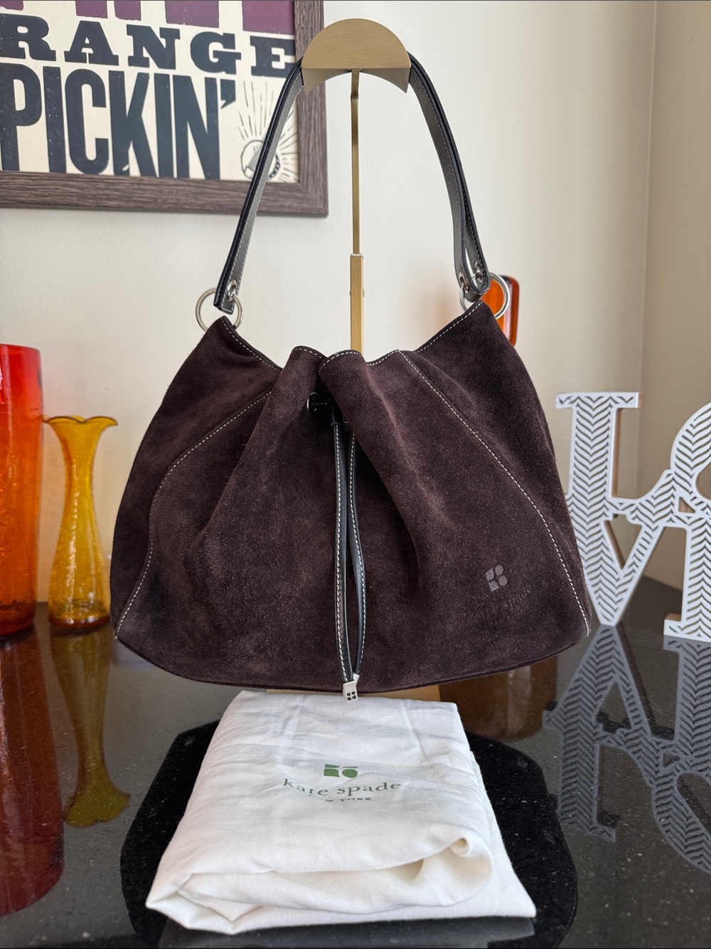 Vintage Made in Italy kate spade dark brown suede hobo bag with black trim